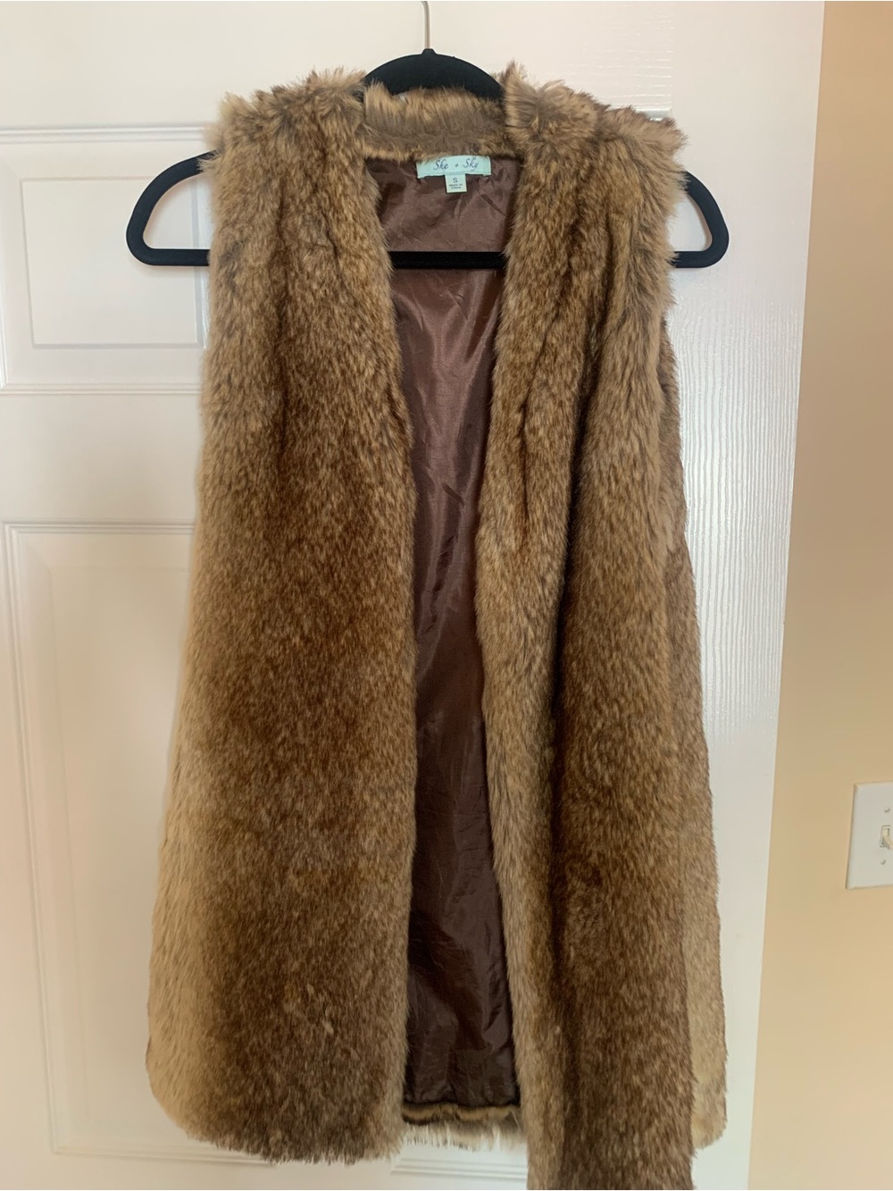 She + Sky Plush Faux Fur Long Sleeveless Vest in Brown